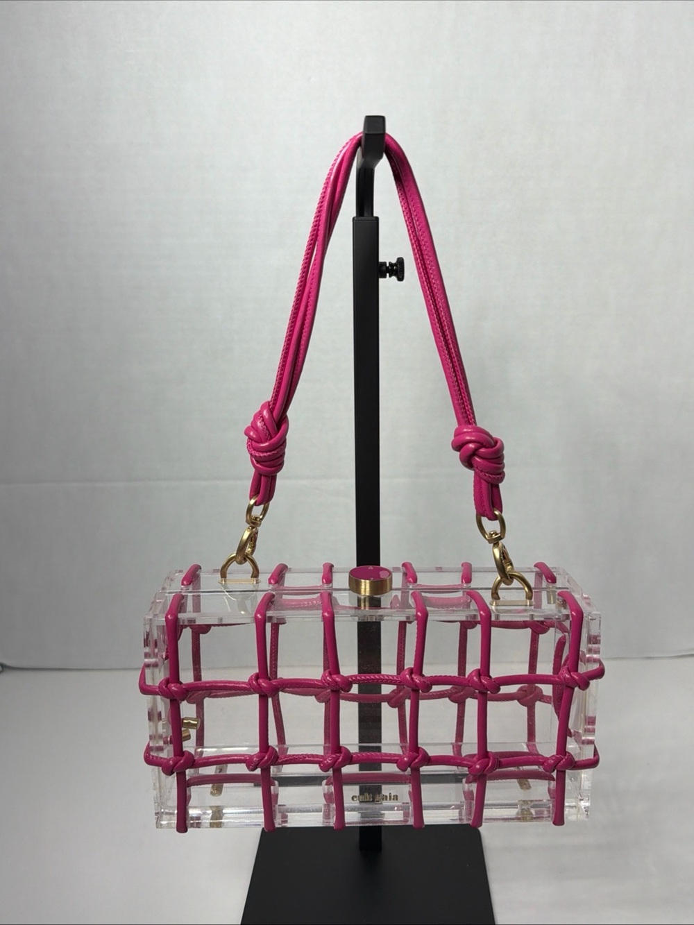 Cult Gaia BESS ACRYLIC BOX BAG Clutch PINK LEATHER WRAP STRAP Purse Fuchsia VGC